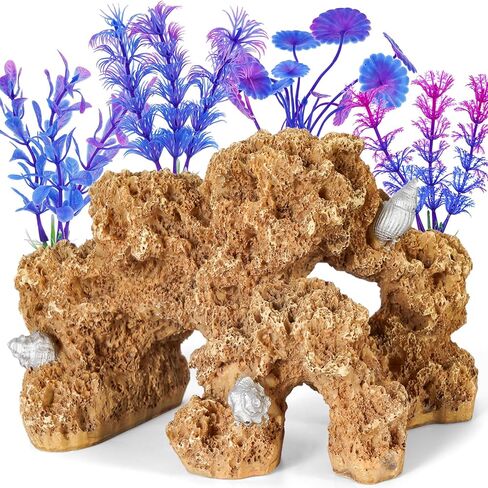 Aquarium Resin Coral Reef Set Fish Tank Decoration Mountain Ornament for Aquarium Environments Decor Accessories, Coral Mountain(Yellow) x 1pc, Aquatic Plant x 4pcs in Kuwait