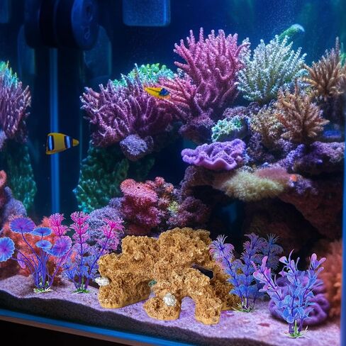 Aquarium Resin Coral Reef Set Fish Tank Decoration Mountain Ornament for Aquarium Environments Decor Accessories, Coral Mountain(Yellow) x 1pc, Aquatic Plant x 4pcs in Kuwait