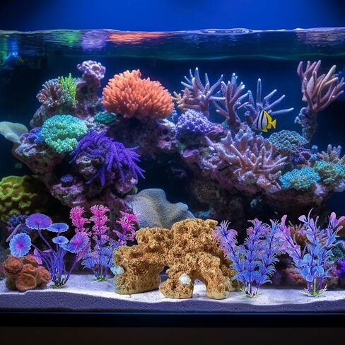 Aquarium Resin Coral Reef Set Fish Tank Decoration Mountain Ornament for Aquarium Environments Decor Accessories, Coral Mountain(Yellow) x 1pc, Aquatic Plant x 4pcs in Kuwait