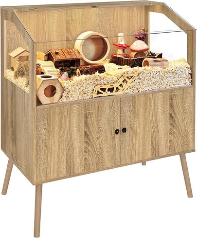 PROLEE Hamster Cage with Storage Cabinet,Large Hamster Encloure Chew Proof Wood,Clear View Hamster Habitat for Guinea Pig, Ferret, Rat, Hedgehog, 40" L x 20" W x 47" H (White Oak) in Kuwait