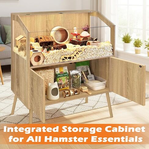 PROLEE Hamster Cage with Storage Cabinet,Large Hamster Encloure Chew Proof Wood,Clear View Hamster Habitat for Guinea Pig, Ferret, Rat, Hedgehog, 40" L x 20" W x 47" H (White Oak) in Kuwait