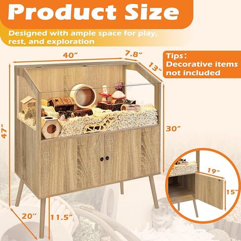 PROLEE Hamster Cage with Storage Cabinet,Large Hamster Encloure Chew Proof Wood,Clear View Hamster Habitat for Guinea Pig, Ferret, Rat, Hedgehog, 40" L x 20" W x 47" H (White Oak) in Kuwait