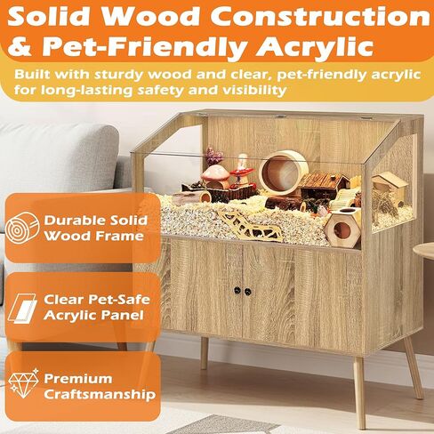 PROLEE Hamster Cage with Storage Cabinet,Large Hamster Encloure Chew Proof Wood,Clear View Hamster Habitat for Guinea Pig, Ferret, Rat, Hedgehog, 40" L x 20" W x 47" H (White Oak) in Kuwait