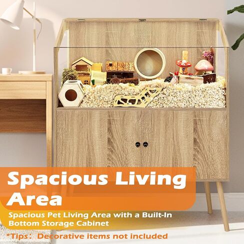 PROLEE Hamster Cage with Storage Cabinet,Large Hamster Encloure Chew Proof Wood,Clear View Hamster Habitat for Guinea Pig, Ferret, Rat, Hedgehog, 40" L x 20" W x 47" H (White Oak) in Kuwait