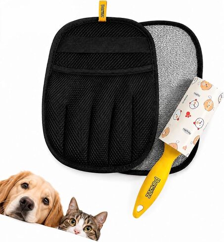 PAWZZ Shed Happens Pet Hair Removal Glove for Dogs & Cats, Great for Deshedding & Removing Fur from Couch, Carpet, Car Seats & Clothing, with Bonus Lint Roller in Kuwait