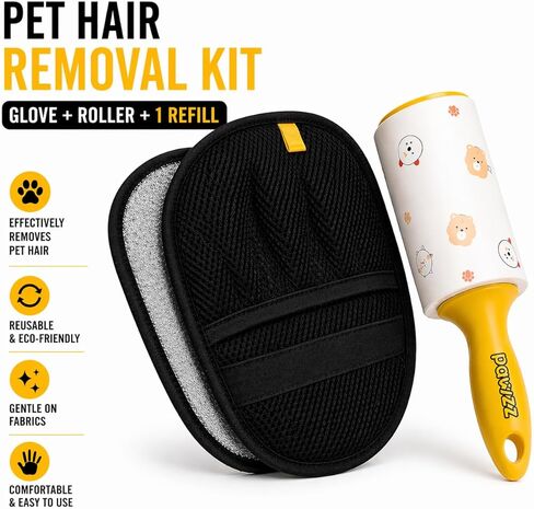 PAWZZ Shed Happens Pet Hair Removal Glove for Dogs & Cats, Great for Deshedding & Removing Fur from Couch, Carpet, Car Seats & Clothing, with Bonus Lint Roller in Kuwait