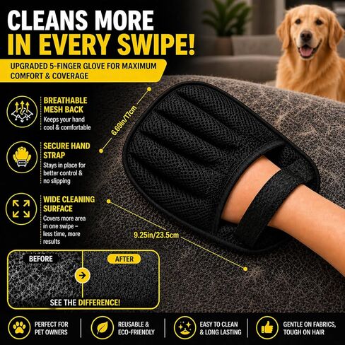 PAWZZ Shed Happens Pet Hair Removal Glove for Dogs & Cats, Great for Deshedding & Removing Fur from Couch, Carpet, Car Seats & Clothing, with Bonus Lint Roller in Kuwait