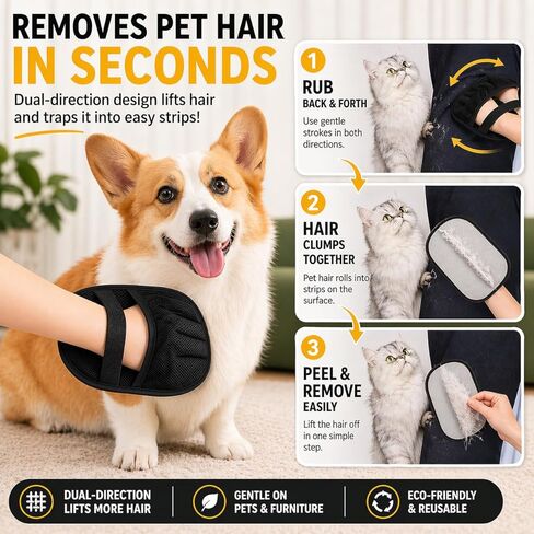 PAWZZ Shed Happens Pet Hair Removal Glove for Dogs & Cats, Great for Deshedding & Removing Fur from Couch, Carpet, Car Seats & Clothing, with Bonus Lint Roller in Kuwait