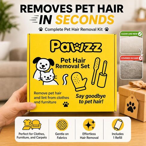 PAWZZ Shed Happens Pet Hair Removal Glove for Dogs & Cats, Great for Deshedding & Removing Fur from Couch, Carpet, Car Seats & Clothing, with Bonus Lint Roller in Kuwait
