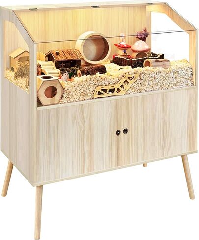 PROLEE Hamster Cage with Storage Cabinet,Large Hamster Encloure Chew Proof Wood,Clear View Hamster Habitat for Guinea Pig, Ferret, Rat, Hedgehog, 40" L x 20" W x 47" H (White Oak) in Kuwait