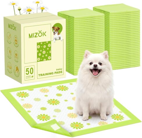 MIZOK Puppy Pads 22"x22", Dog Pee Pads 6-Layer Super Absorbent & Leak-Proof, Daisy Pattern, 4-Corner Adhesive Tabs, Wee Wee Pads for Puppies & Small Dog Breeds, Regular Size (100 Counts) in Kuwait