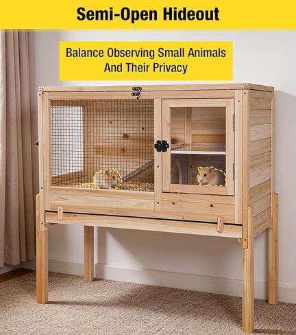 Aivituvin Guinea Pig Cages, Rabbit Hutch with Anti-Chew Frame, Bunny Cage with Deepened Pull-Out Tray, 3 Openable Areas, Assemblable Legs, Ramp & Hideout Included - Wooden in Kuwait