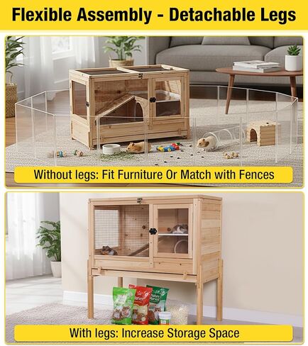 Aivituvin Guinea Pig Cages, Rabbit Hutch with Anti-Chew Frame, Bunny Cage with Deepened Pull-Out Tray, 3 Openable Areas, Assemblable Legs, Ramp & Hideout Included - Wooden in Kuwait