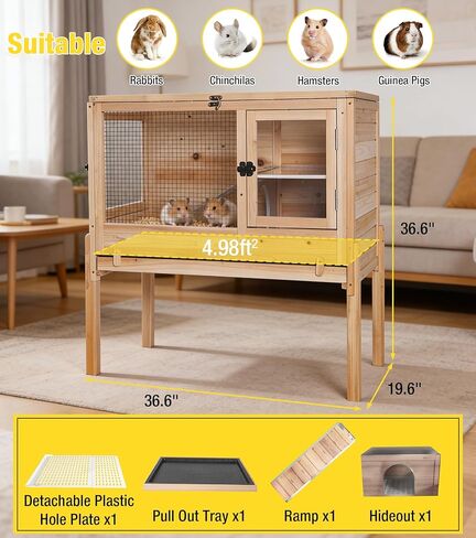 Aivituvin Guinea Pig Cages, Rabbit Hutch with Anti-Chew Frame, Bunny Cage with Deepened Pull-Out Tray, 3 Openable Areas, Assemblable Legs, Ramp & Hideout Included - Wooden in Kuwait