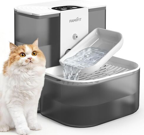 [New Upgrade] Famifit 4.5L+2L Automatic Cat Water Fountain (Non-Heated), 2000mAh Battery, Timed 3/6/9H & 80/100/120ml Control, Clean Water System, No Filter, Ceramic Bowl, Ultra Quiet in Kuwait