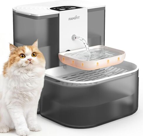 [New Upgrade] Famifit 4.5L+2L Automatic Cat Water Fountain (Non-Heated), 2000mAh Battery, Timed 3/6/9H & 80/100/120ml Control, Clean Water System, No Filter, Ceramic Bowl, Ultra Quiet in Kuwait
