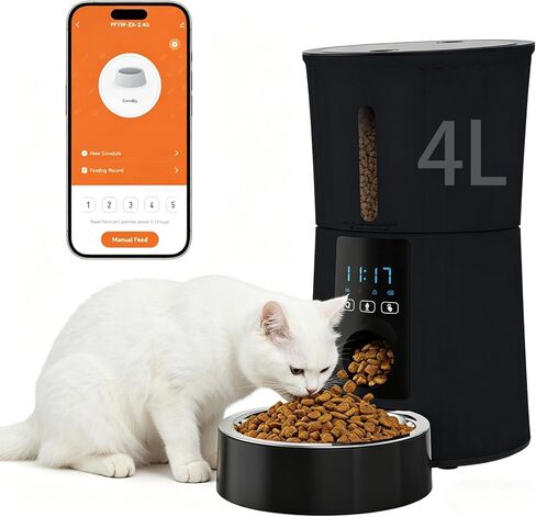 DUMOS 2.4G WiFi Automatic Cat Feeder, 4L Timed Cat Food Dispenser with APP Control, 10s Voice Recorder, Dual Power Supply, Indoor Programmable Pet Feeder with Desiccant for Small Cats and Dogs, White in Kuwait