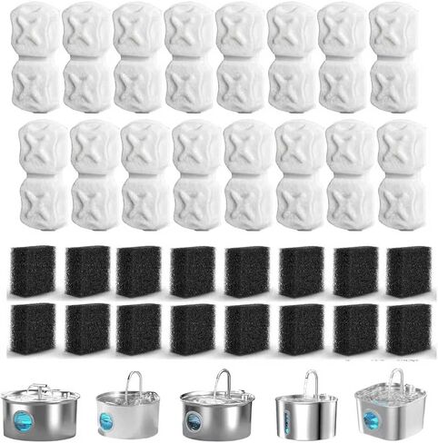 Cat Water Fountain Filter,32p Pet Water Fountain Filter Replacement Screen for 74oz/2.2L Stainless Steel Water Dispenser- 16 Carbon Filters & 16 Foam Filters，4-Layer Filtration Systems in Kuwait