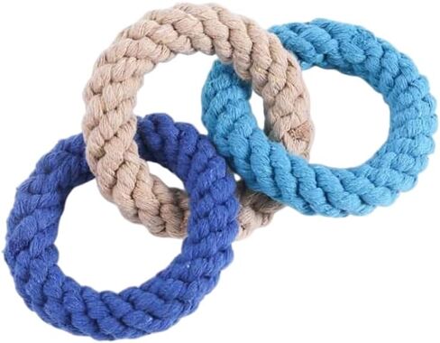 Tri-Color Cotton Rope Dog Toy, Hand-Woven Triple Ring Chew Toy, Durable Knotted Rope for Teething, Training & Interactive Play for Small and Medium Dogs (Beige-Blue-Sky Blue) in Kuwait