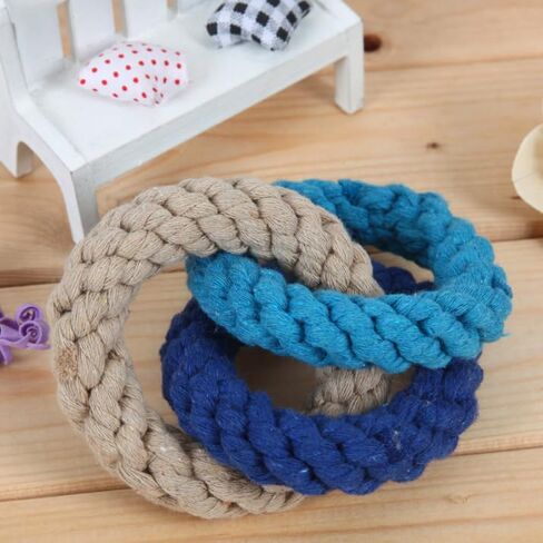 Tri-Color Cotton Rope Dog Toy, Hand-Woven Triple Ring Chew Toy, Durable Knotted Rope for Teething, Training & Interactive Play for Small and Medium Dogs (Beige-Blue-Sky Blue) in Kuwait