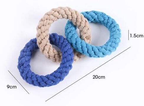 Tri-Color Cotton Rope Dog Toy, Hand-Woven Triple Ring Chew Toy, Durable Knotted Rope for Teething, Training & Interactive Play for Small and Medium Dogs (Beige-Blue-Sky Blue) in Kuwait