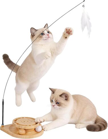 Interactive Cat Toy for Bored Cats - Feather Wand & Track Ball, 15 Replacement Heads, 2 Wooden Balls & 1 Bell Ball, Anti-Slip Base, Easy Assembly Cat Teaser for Kittens & Adult Cats in Kuwait