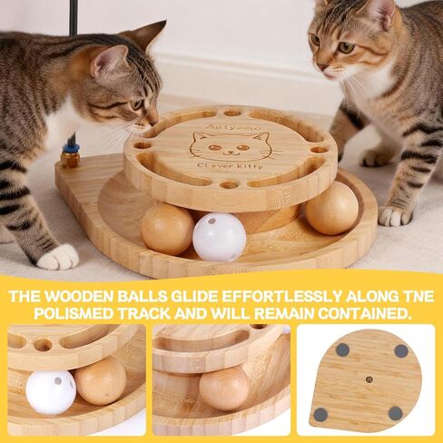 Interactive Cat Toy for Bored Cats - Feather Wand & Track Ball, 15 Replacement Heads, 2 Wooden Balls & 1 Bell Ball, Anti-Slip Base, Easy Assembly Cat Teaser for Kittens & Adult Cats in Kuwait