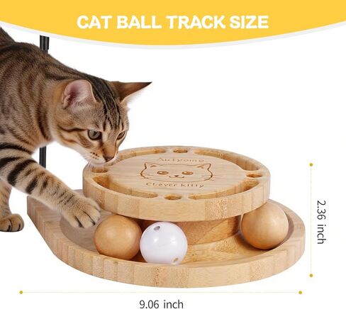 Interactive Cat Toy for Bored Cats - Feather Wand & Track Ball, 15 Replacement Heads, 2 Wooden Balls & 1 Bell Ball, Anti-Slip Base, Easy Assembly Cat Teaser for Kittens & Adult Cats in Kuwait