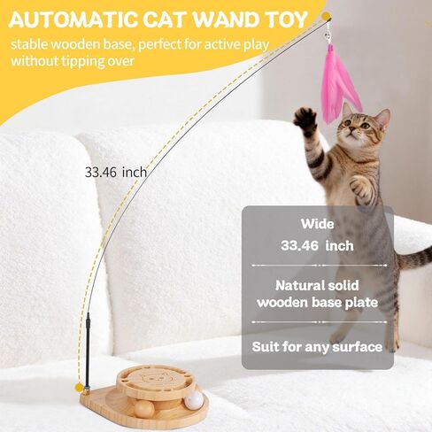 Interactive Cat Toy for Bored Cats - Feather Wand & Track Ball, 15 Replacement Heads, 2 Wooden Balls & 1 Bell Ball, Anti-Slip Base, Easy Assembly Cat Teaser for Kittens & Adult Cats in Kuwait
