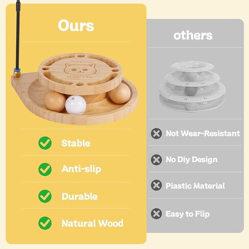 Interactive Cat Toy for Bored Cats - Feather Wand & Track Ball, 15 Replacement Heads, 2 Wooden Balls & 1 Bell Ball, Anti-Slip Base, Easy Assembly Cat Teaser for Kittens & Adult Cats in Kuwait