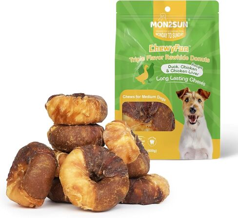 MON2SUN 3-3.5 Inch Duck, Chicken and Chicken Liver Wrapped Rawhide Donuts Dog Treats, Long Lasting Chew Treats for Medium & Large Dogs, 21.2 oz (8 Count) in Saudi Arabia