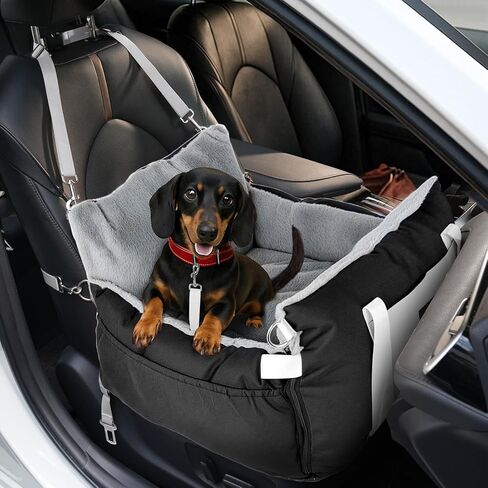 SIVES Dog Car Seat for Small Dogs, Soft Booster Seat Travel Bed with Side Flaps, Non-Slip Base, Seat Belt Straps + Safety Tether, Storage Pocket, Washable Cushion, Recommended Up to 33 lbs, Black in Kuwait