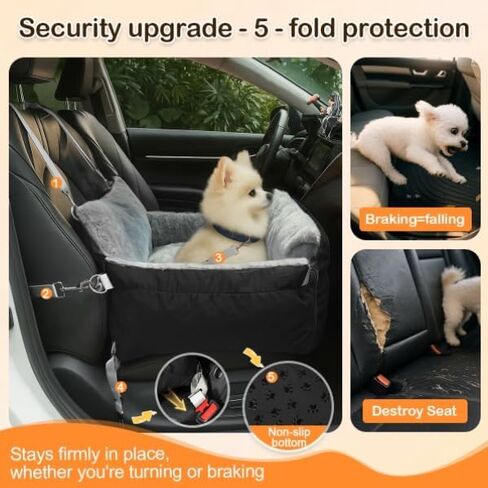 SIVES Dog Car Seat for Small Dogs, Soft Booster Seat Travel Bed with Side Flaps, Non-Slip Base, Seat Belt Straps + Safety Tether, Storage Pocket, Washable Cushion, Recommended Up to 33 lbs, Black in Kuwait