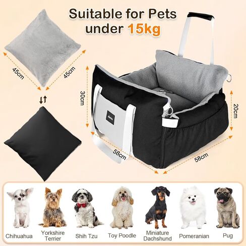 SIVES Dog Car Seat for Small Dogs, Soft Booster Seat Travel Bed with Side Flaps, Non-Slip Base, Seat Belt Straps + Safety Tether, Storage Pocket, Washable Cushion, Recommended Up to 33 lbs, Black in Kuwait