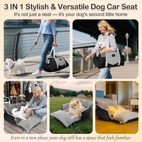 SIVES Dog Car Seat for Small Dogs, Soft Booster Seat Travel Bed with Side Flaps, Non-Slip Base, Seat Belt Straps + Safety Tether, Storage Pocket, Washable Cushion, Recommended Up to 33 lbs, Black in Kuwait