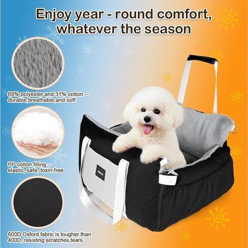 SIVES Dog Car Seat for Small Dogs, Soft Booster Seat Travel Bed with Side Flaps, Non-Slip Base, Seat Belt Straps + Safety Tether, Storage Pocket, Washable Cushion, Recommended Up to 33 lbs, Black in Kuwait