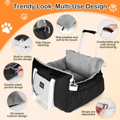 SIVES Dog Car Seat for Small Dogs, Soft Booster Seat Travel Bed with Side Flaps, Non-Slip Base, Seat Belt Straps + Safety Tether, Storage Pocket, Washable Cushion, Recommended Up to 33 lbs, Black in Kuwait