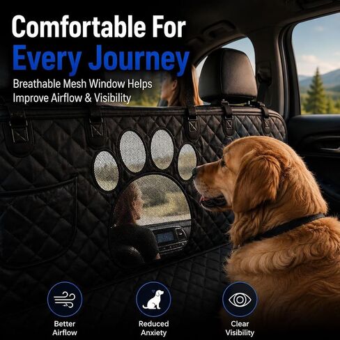 Waterproof Dog Car Seat Cover – Hammock Style Back Seat Protector for Cars | Non-Slip, Scratch-Resistant, Machine Washable | Quilted Pet Seat Cover with Mesh Window & Adjustable Straps in Kuwait
