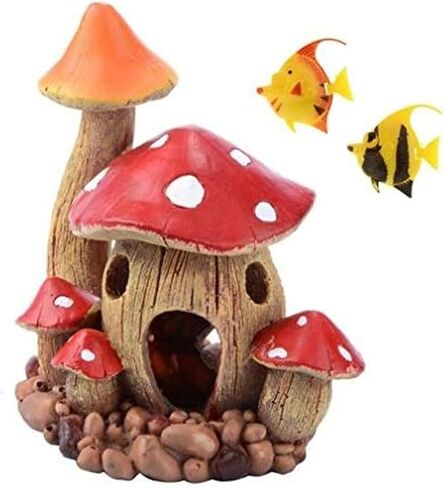 Saim Aquarium Mushroom House - ديكور حوض أسماك من الراتنج الأحمر مع قطعتين من الأسماك البلاستيكية الصغيرة (لون عشوائي)، كهف مخبأ للبيتا والروبيان والأسماك الذهبية والزواحف - مقاس 5.5 بوصة طول × 3.6 بوصة عرض × 6.3 بوصة ارتفاع in Kuwait
