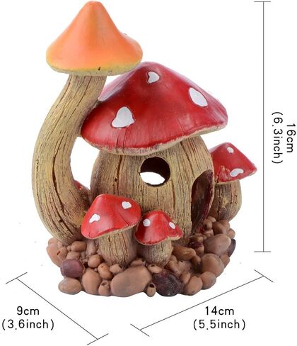 Saim Aquarium Mushroom House - ديكور حوض أسماك من الراتنج الأحمر مع قطعتين من الأسماك البلاستيكية الصغيرة (لون عشوائي)، كهف مخبأ للبيتا والروبيان والأسماك الذهبية والزواحف - مقاس 5.5 بوصة طول × 3.6 بوصة عرض × 6.3 بوصة ارتفاع in Kuwait
