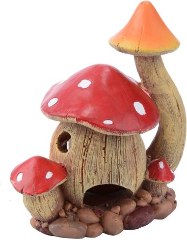 Saim Aquarium Mushroom House - ديكور حوض أسماك من الراتنج الأحمر مع قطعتين من الأسماك البلاستيكية الصغيرة (لون عشوائي)، كهف مخبأ للبيتا والروبيان والأسماك الذهبية والزواحف - مقاس 5.5 بوصة طول × 3.6 بوصة عرض × 6.3 بوصة ارتفاع in Kuwait