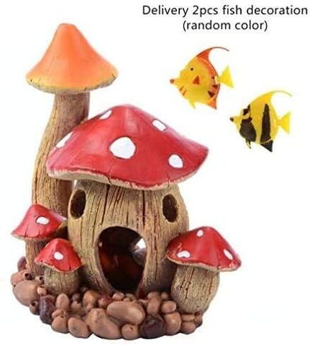 Saim Aquarium Mushroom House - ديكور حوض أسماك من الراتنج الأحمر مع قطعتين من الأسماك البلاستيكية الصغيرة (لون عشوائي)، كهف مخبأ للبيتا والروبيان والأسماك الذهبية والزواحف - مقاس 5.5 بوصة طول × 3.6 بوصة عرض × 6.3 بوصة ارتفاع in Kuwait