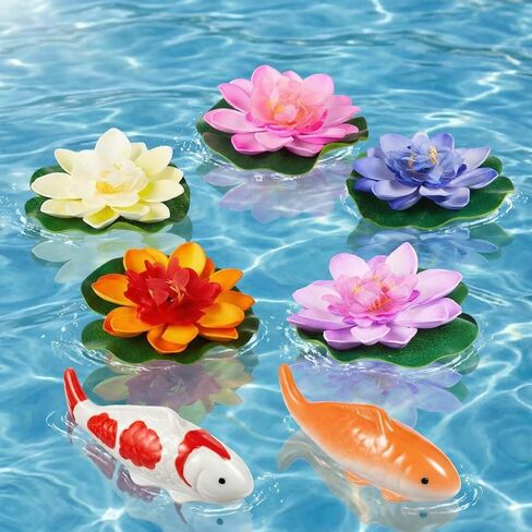 Willinglong 2 Pcs Ceramic Floating Koi Fish 5 Pcs Artificial Foam Lotus Flower with Water Lily Floating Fake Fish Goldfish Koi Decor for Pond Fountain Birdbath Fake Aquarium Decor in Kuwait