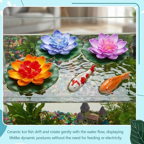 Willinglong 2 Pcs Ceramic Floating Koi Fish 5 Pcs Artificial Foam Lotus Flower with Water Lily Floating Fake Fish Goldfish Koi Decor for Pond Fountain Birdbath Fake Aquarium Decor in Kuwait