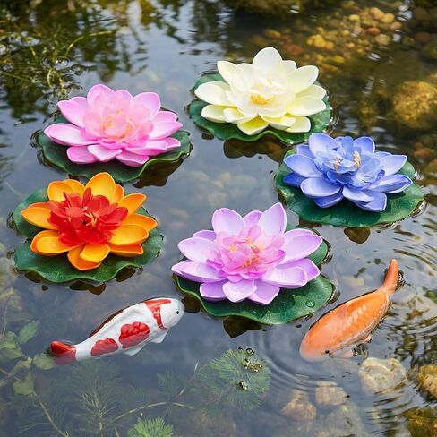 Willinglong 2 Pcs Ceramic Floating Koi Fish 5 Pcs Artificial Foam Lotus Flower with Water Lily Floating Fake Fish Goldfish Koi Decor for Pond Fountain Birdbath Fake Aquarium Decor in Kuwait