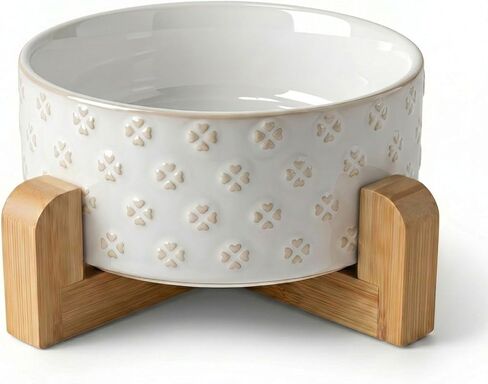 TRUVIC Ceramic Dog Bowl Set of 2 with Wood Stand, Jun Blanc Daisy & Clover Relief Dog Food and Water Bowl Set, 3.5 Cup/28 oz Puppy Food Bowls for Medium Dogs, Dishwasher Safe in Saudi Arabia
