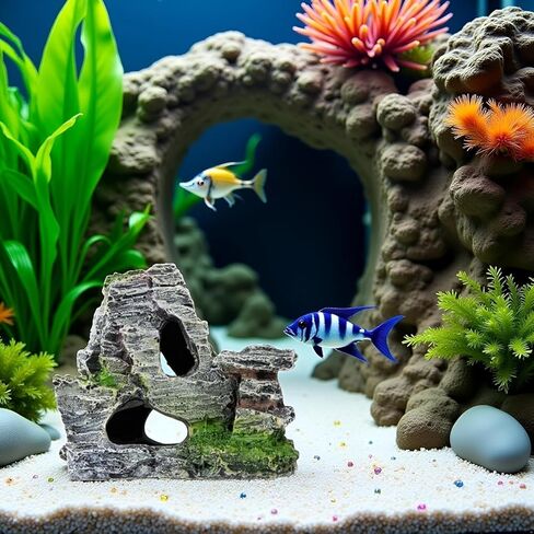 Resin Aquarium Mountain Decor with Moss Rock Cave - Multi-Level Terrain for Fish Tank Landscaping, Natural-Looking Rockery Design with Hidden Cave and Crevices for Shrimp, Reptile Habitat Aquascaping​ in Kuwait