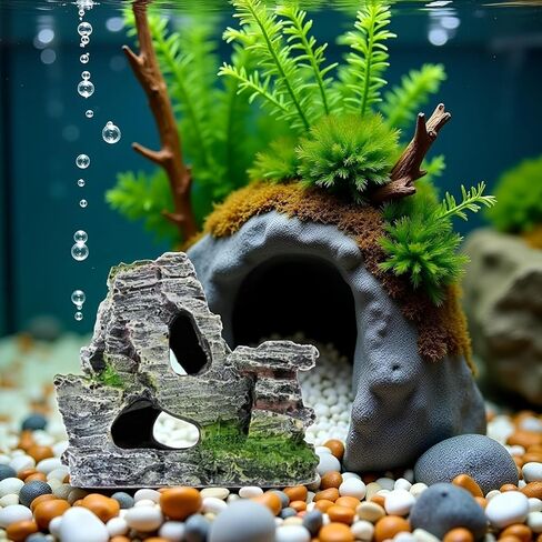 Resin Aquarium Mountain Decor with Moss Rock Cave - Multi-Level Terrain for Fish Tank Landscaping, Natural-Looking Rockery Design with Hidden Cave and Crevices for Shrimp, Reptile Habitat Aquascaping​ in Kuwait