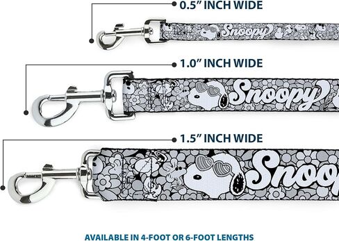 Peanuts Worldwide LLC Pet Leash, Dog Leash, Snoopy Poses and Daisy Flowers Collage Black Grays White, 4 Feet Long 1.0 Inch Wide in Kuwait