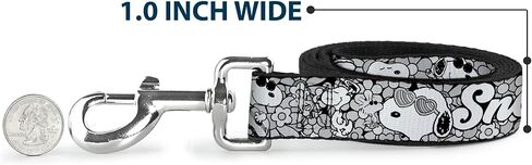 Peanuts Worldwide LLC Pet Leash, Dog Leash, Snoopy Poses and Daisy Flowers Collage Black Grays White, 4 Feet Long 1.0 Inch Wide in Kuwait